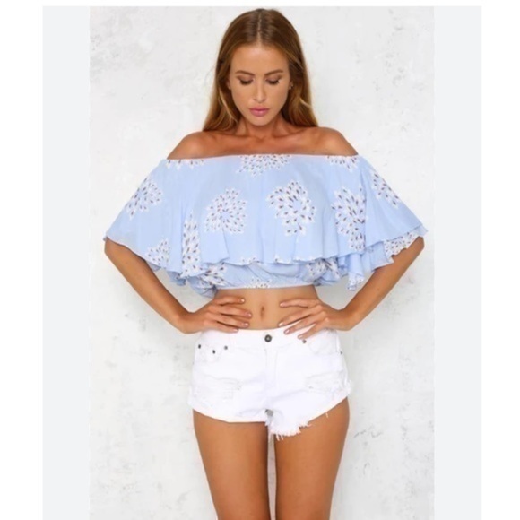 Blue Floral Print Ruffle Off The Shoulder Top - Picture 1 of 7